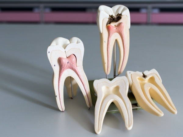 Model healthy tooth compared with model toot in need of root canal treatment